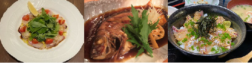 【鯛料理例】鯛のカルパッチョ、鯛の姿煮付け、鯛茶漬け　